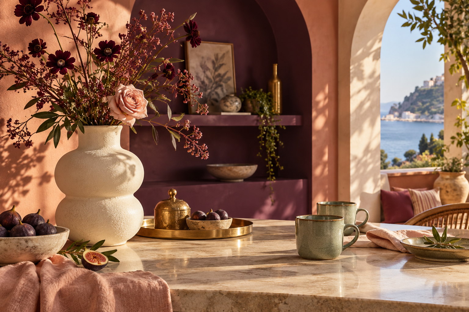 Sunlit interior with flowers, ceramics and warm coral accents